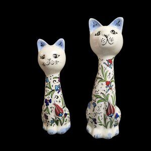 Set of 2 Ceramic Handmade Cat Figurines with Floral Tulip Decoration 7.5" & 9"